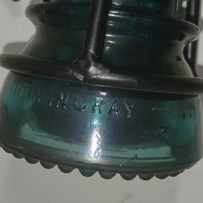 Blue Glass Insulator Hemingray 37 Beaded Bottom Cast Iron Stand Candle Holder with framed artwork