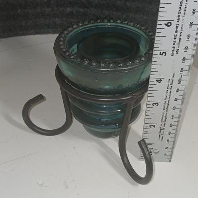 Blue Glass Insulator Hemingray 37 Beaded Bottom Cast Iron Stand Candle Holder with framed artwork