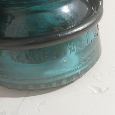 Blue Glass Insulator Hemingray 37 Beaded Bottom Cast Iron Stand Candle Holder with framed artwork