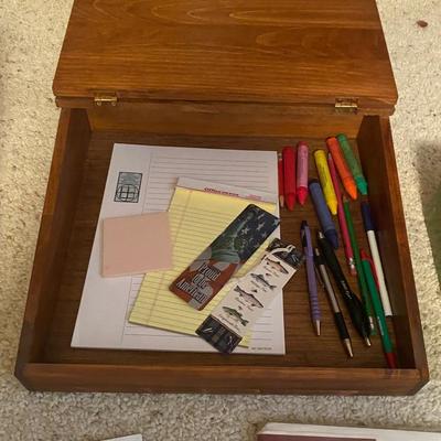 NICE DESK ORGANIZER, LOCK BOX W/KEY, & OTHER OFFICE SUPPLIES