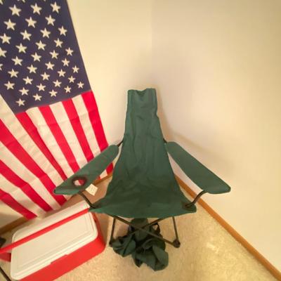 AMERICA! COLEMAN COOLER, LIGHTLY USED FOLDING CHAIRS AND A USA FLAG