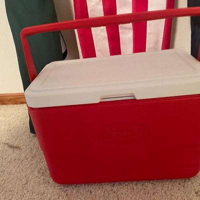 AMERICA! COLEMAN COOLER, LIGHTLY USED FOLDING CHAIRS AND A USA FLAG