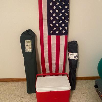 AMERICA! COLEMAN COOLER, LIGHTLY USED FOLDING CHAIRS AND A USA FLAG