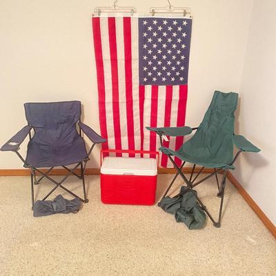AMERICA! COLEMAN COOLER, LIGHTLY USED FOLDING CHAIRS AND A USA FLAG
