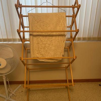 LAUNDRY DRYING RACK, OSCILLATING FAN AND PRETTY OVAL TABLECLOTH