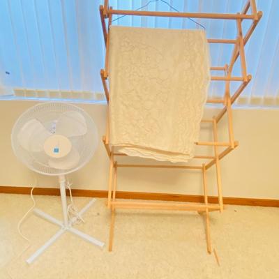 LAUNDRY DRYING RACK, OSCILLATING FAN AND PRETTY OVAL TABLECLOTH