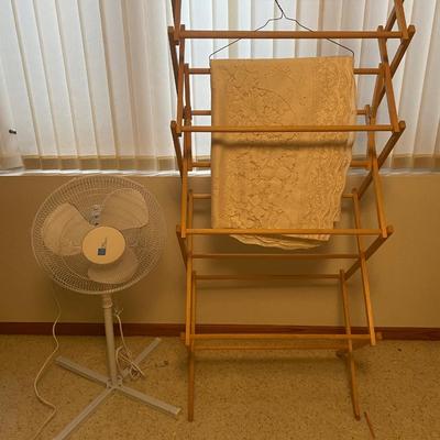 LAUNDRY DRYING RACK, OSCILLATING FAN AND PRETTY OVAL TABLECLOTH