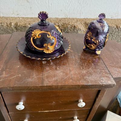 1890 Amethyst Glass Antique Croesus Riverside Glass Candy Dish, & Butter Dish