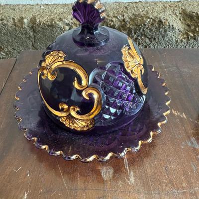 1890 Amethyst Glass Antique Croesus Riverside Glass Candy Dish, & Butter Dish