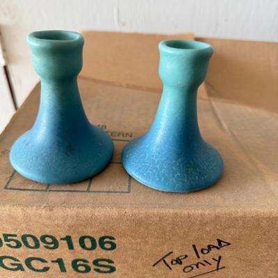 Pair Of Van Briggle Pottery Candlesticks Gradiated Colors Of Teal Signed