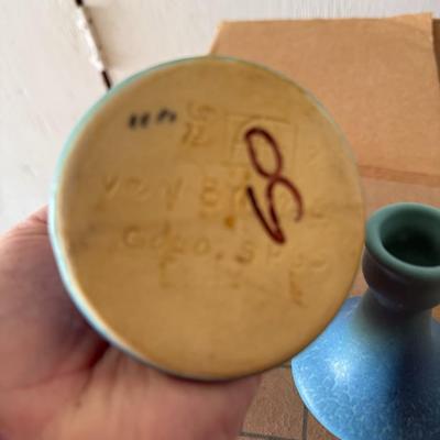 Pair Of Van Briggle Pottery Candlesticks Gradiated Colors Of Teal Signed