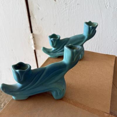 Vintage pair Van Briggle pottery candle stick holders circa 1935 made in Colorado Springs USA art pottery