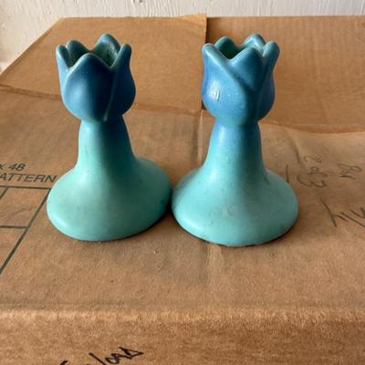 Vintage Van Briggle Art Pottery Ming Turquoise Glaze Tulip Candlesticks 1913-19