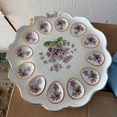 Porcelain Egg Tray~Holds 12 Halves~Purple/Lavender Posies~w/Gold Trim