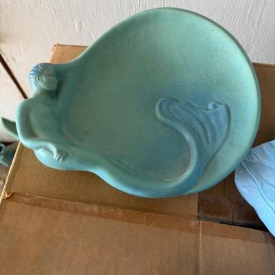 Van Briggle 1990s Vintage Art Nouveau Pottery Blue Ceramic Mermaid Tray