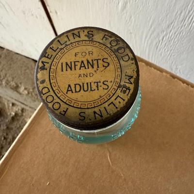 Antique Mellins Food Co Food Old Dairy Bottles Antique Milk Bottles Milk Infants Adults Aqua Blue Milk Bottles with lids General Store Props