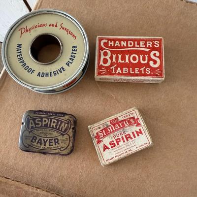 VINTAGE Ayer’s Cathartic Pill BOTTLE (AUTHENTIC REPRODUCTION) plus s other vintage medical w/ first aid