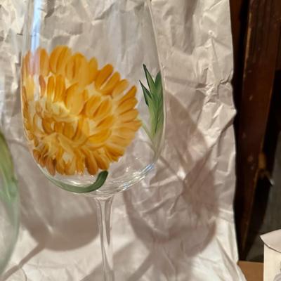 Wine glasses -Set of 3 hand-painted with flowers wine glasses/goblets 