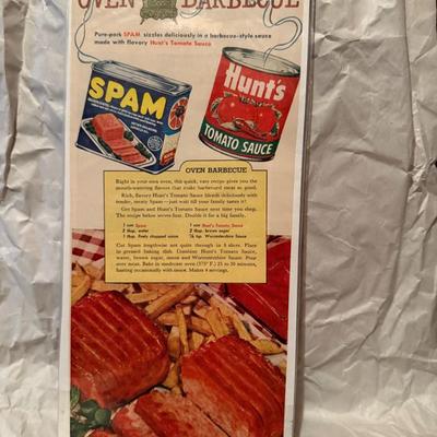 1954 Food Spam Canned Meat Vintage Print Ad 50s Oven Barbeque Recipe Hunts Sauce