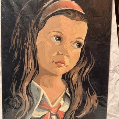 Vintage Paint By Number on Black Velvet Portrait of a Girl