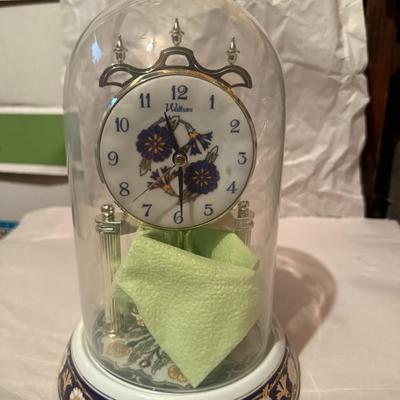 Timex glass dome anniversary clock with blue floral design 