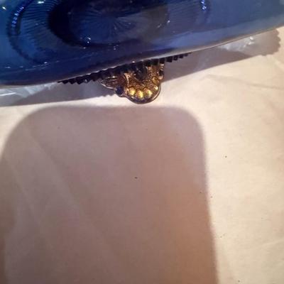 Elegant Blue Glass Footed Dish w Curved Sides, Beaded Rim