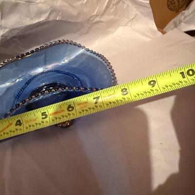 Elegant Blue Glass Footed Dish w Curved Sides, Beaded Rim