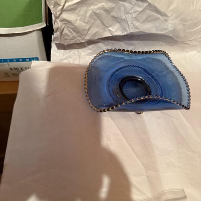 Elegant Blue Glass Footed Dish w Curved Sides, Beaded Rim