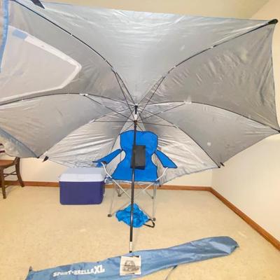 SPORT-BRELLA XL, NICE FOLDING CHAIR & COLEMAN COOLER