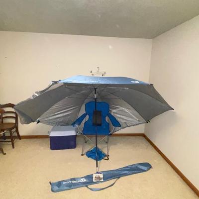 SPORT-BRELLA XL, NICE FOLDING CHAIR & COLEMAN COOLER