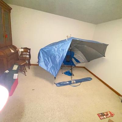 SPORT-BRELLA XL, NICE FOLDING CHAIR & COLEMAN COOLER