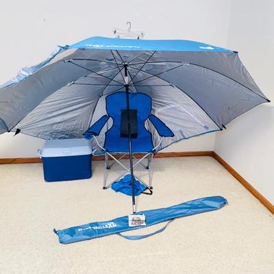 SPORT-BRELLA XL, NICE FOLDING CHAIR & COLEMAN COOLER