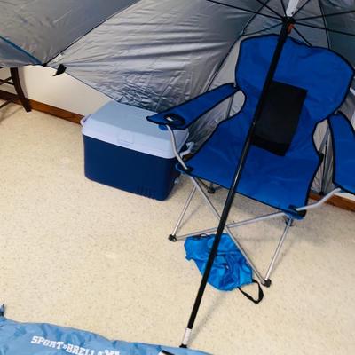 SPORT-BRELLA XL, NICE FOLDING CHAIR & COLEMAN COOLER