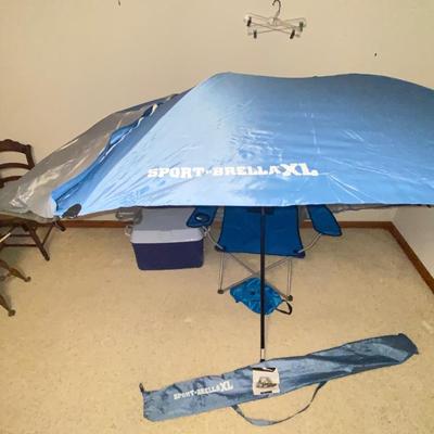 SPORT-BRELLA XL, NICE FOLDING CHAIR & COLEMAN COOLER