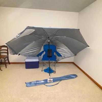 SPORT-BRELLA XL, NICE FOLDING CHAIR & COLEMAN COOLER