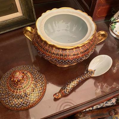 Thai Benyarong Porcelain Handpainted tureen with ladle