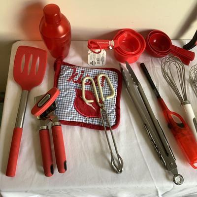 K8059 Large Lot of Assorted Red and White Kitchen Utensils