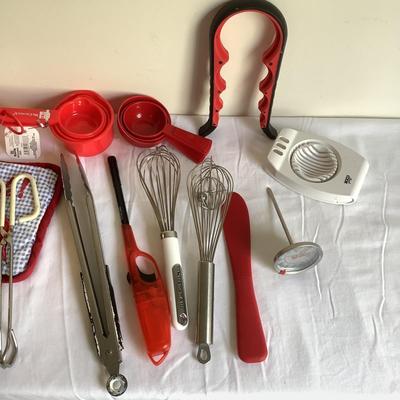 K8059 Large Lot of Assorted Red and White Kitchen Utensils