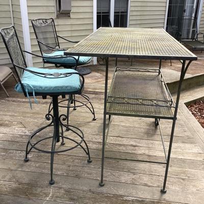 O8063 Outdoor Wrought-Iron Wine Caddy with 2 Matching Decorative Chairs