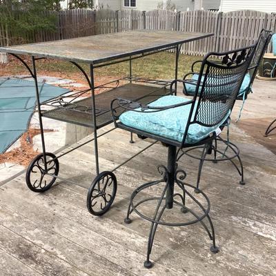 O8063 Outdoor Wrought-Iron Wine Caddy with 2 Matching Decorative Chairs