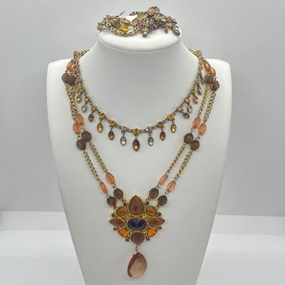 LOT 22: Two Goldtone and Amber Necklace and Earring Sets - 18"