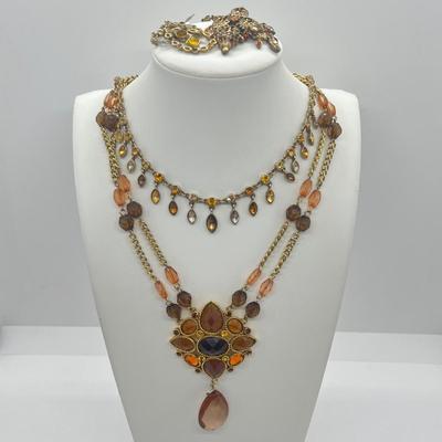 LOT 22: Two Goldtone and Amber Necklace and Earring Sets - 18"