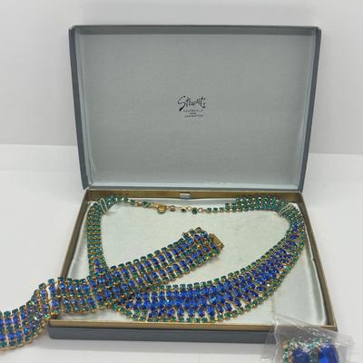 LOT 29: Blue Rhinestone Necklace and Bracelet With Clip Ons