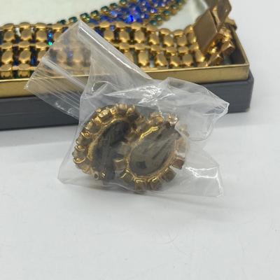 LOT 29: Blue Rhinestone Necklace and Bracelet With Clip Ons