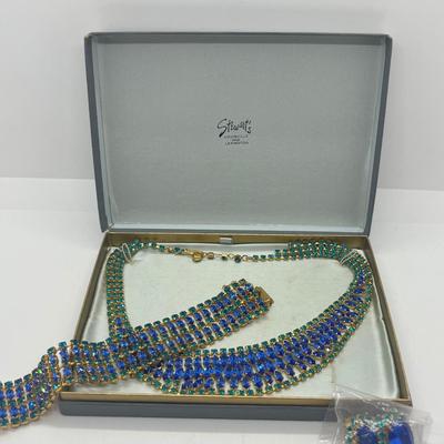 LOT 29: Blue Rhinestone Necklace and Bracelet With Clip Ons