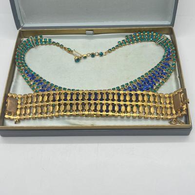LOT 29: Blue Rhinestone Necklace and Bracelet With Clip Ons