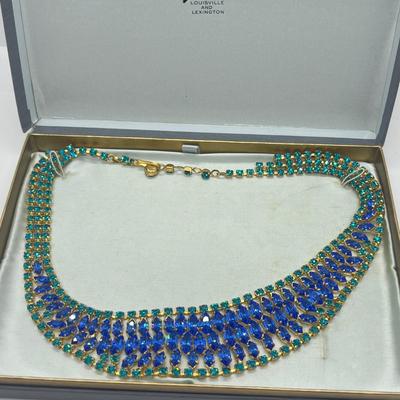 LOT 29: Blue Rhinestone Necklace and Bracelet With Clip Ons