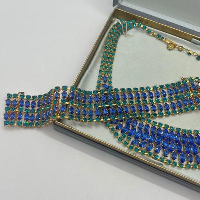 LOT 29: Blue Rhinestone Necklace and Bracelet With Clip Ons