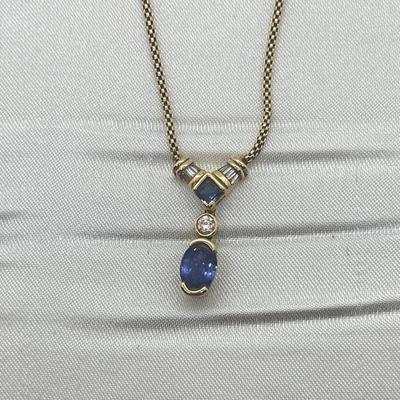 LOT 31: 14K Yellow Gold Vintage Necklace With Tanzanite and Diamond Pendant 17"- 7.3 GTW