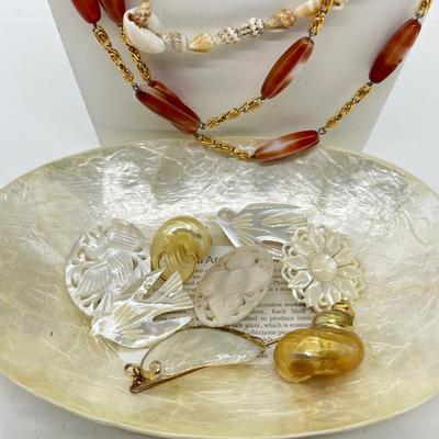 LOT 107: Unique Jewelry Collection Including Several Shell Art Pieces and Shell Art Tray